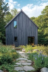 Beautiful modern cabin surrounded by lush greenery and wildflowers, showcasing wooden architecture under a bright blue sky in a serene location
