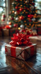 There is a present sitting on a table in front of a christmas tree, vertical background