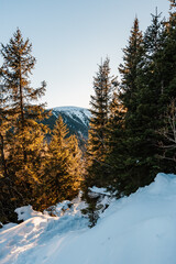 Winter hiking to Velky Rozsutec in Mala Fatra National park is full of beautiful views. Sunset in Slovakia mountains. Slovakia landscape