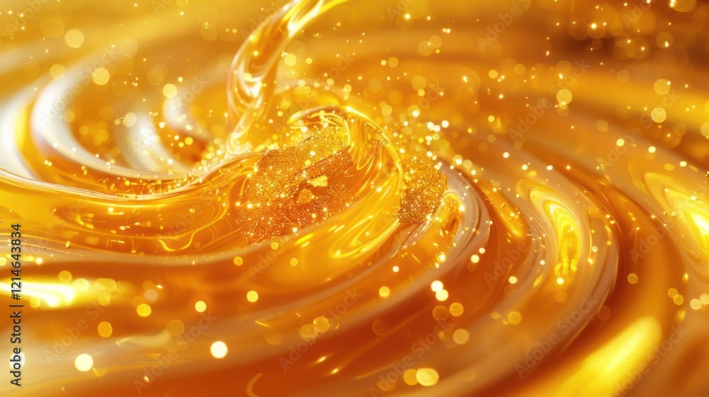 Poster a mesmerizing swirl of golden liquid with sparkling highlights, creating a vibrant and dynamic effec