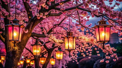 Silhouetted Cherry Blossoms & Lanterns: Pink Spring Night Scene