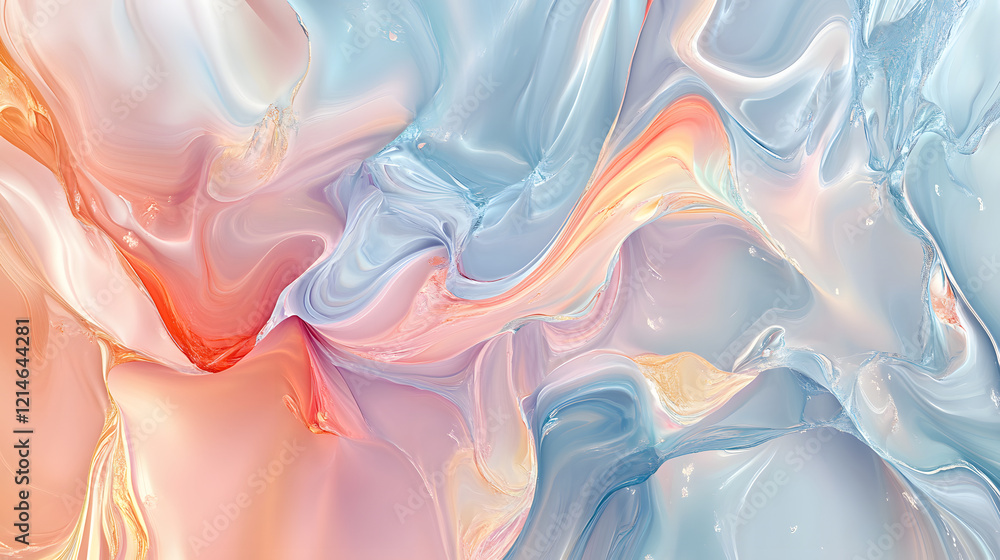 Poster soft hues of pink and blue swirl together, creating a calming abstract pattern