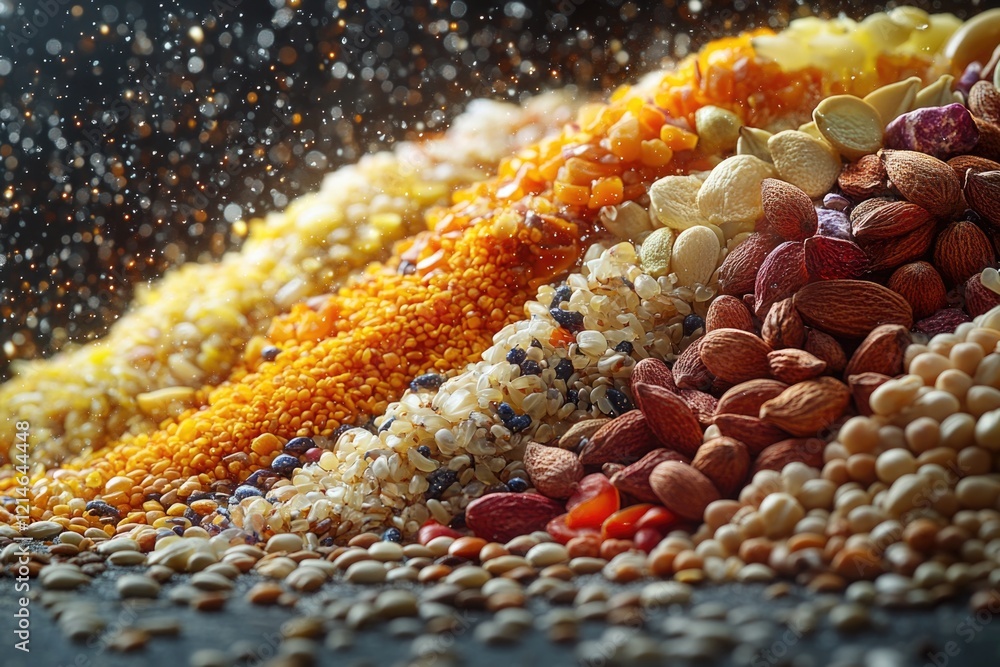 Poster pile of different types of nuts and seeds on a table
