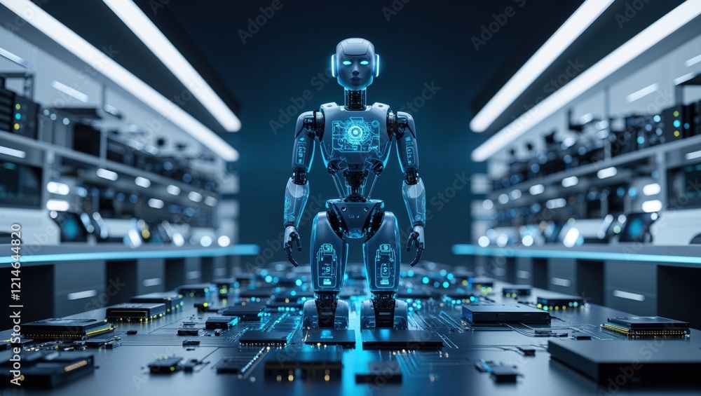 Poster a futuristic robot stands in a tech-filled environment, surrounded by circuit boards and digital dis