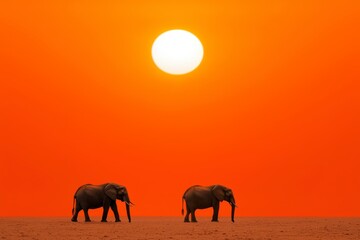 Climate crisis biodiversity loss concept. Silhouetted elephants against a vibrant sunset backdrop.