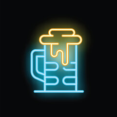 Bright neon sign showing an overflowing beer glass on black background
