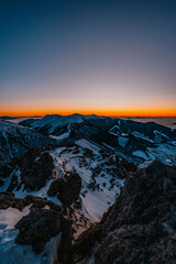 Winter hiking to Velky Rozsutec in Mala Fatra National park is full of beautiful views. Sunset in Slovakia mountains. Slovakia landscape