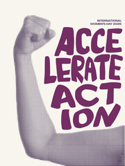 Accelerate action handwritten text and halftone female arm showing power vector illustration. International Women's day 2025 theme expressive typography poster. IWD campaign design.