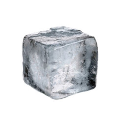Single ice cube with visible frost isolated on transparent white background