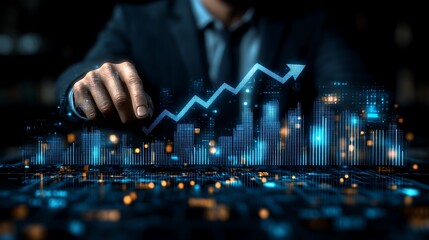 Businessman guides upward trend, city background.