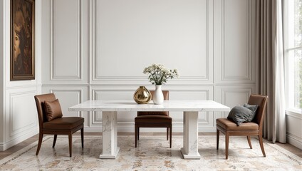 Elegant white marble dining table adorned by four stylish bases sits atop a soft, white-beige patterned rug. Flanking it are sleek brown leather chairs, creating an inviting and sophisticated setting