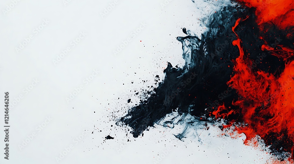 Poster a vibrant abstract artwork featuring splashes of black and red colors against a white background, cr