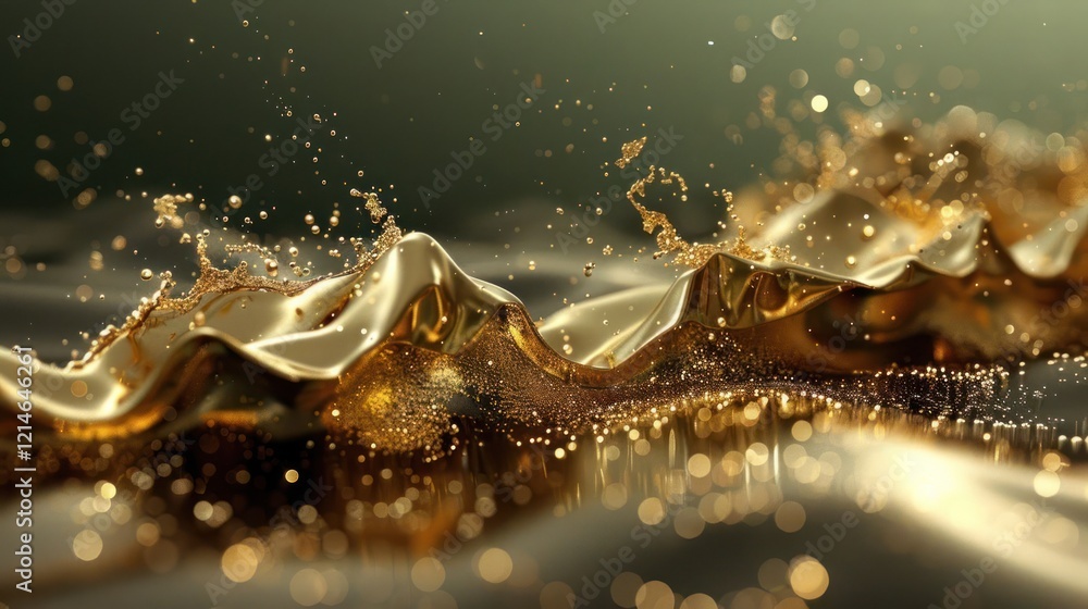 Poster golden liquid waves with splashes and reflections creating a dynamic, luxurious atmosphere