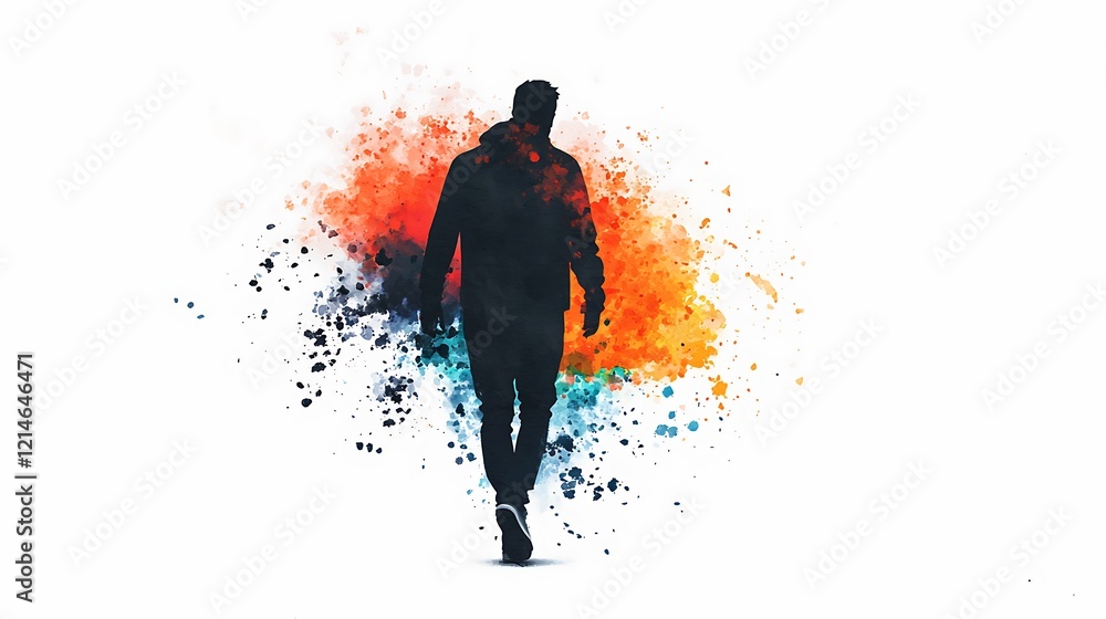 Poster a silhouette of a man walking amidst a vibrant splash of colorful paint, creating a dynamic and arti