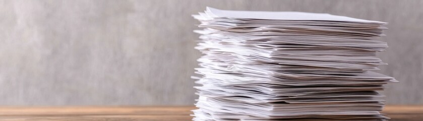 A neat stack of paperwork on a wooden table symbolizes organization and productivity in an office environment.