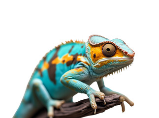 Close-Up of Vibrant Blue and Yellow Chameleon on Branch