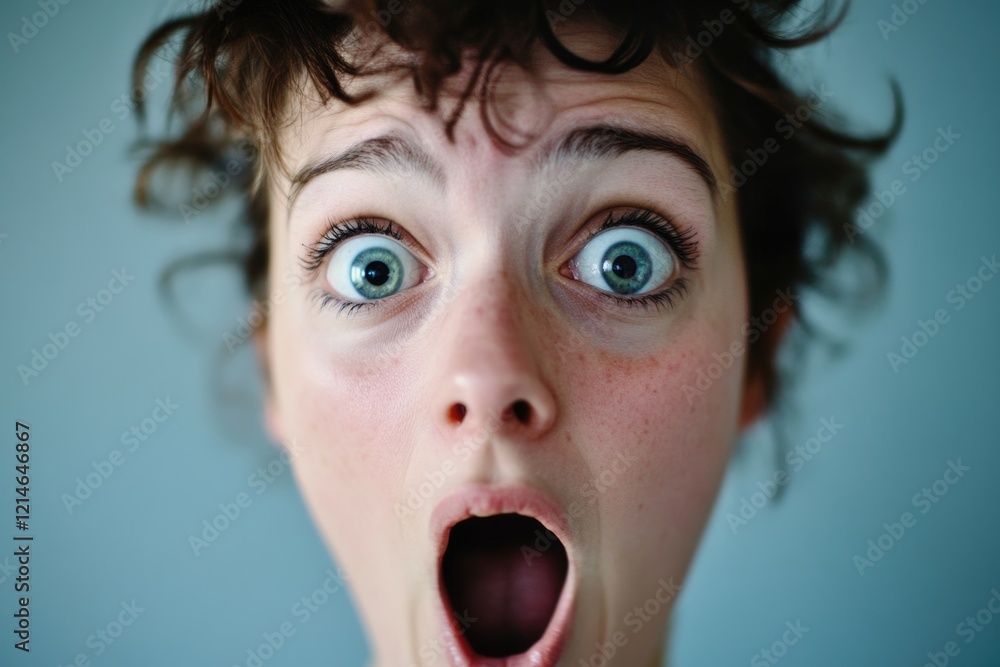Poster a close-up shot of a person's face with their mouth open, suitable for use in situations where a rea