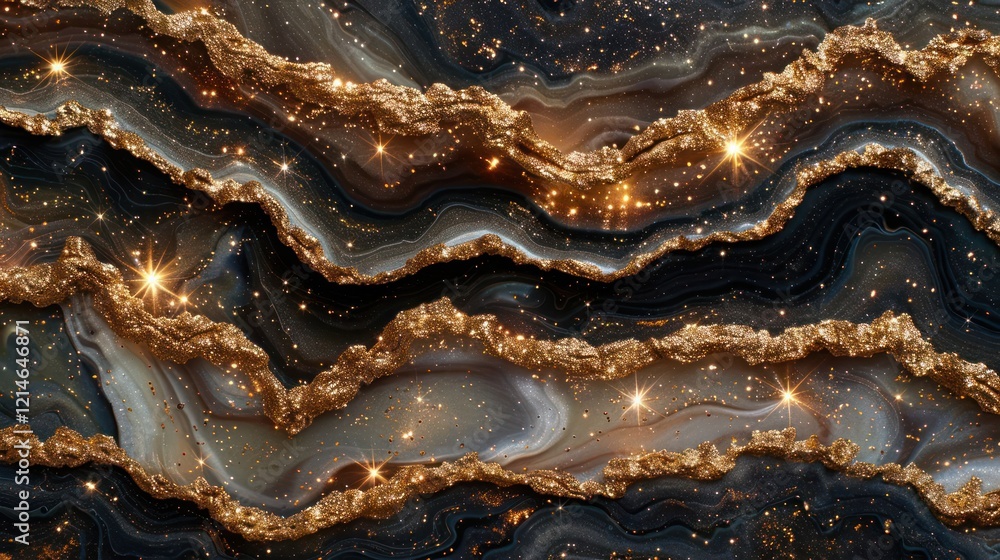 Poster abstract design featuring flowing patterns of dark and light hues with golden accents and twinkling 