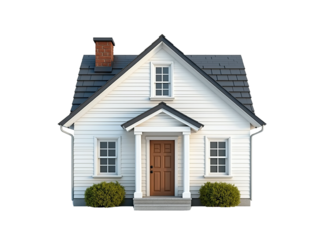 Cozy Two-Story Home with Sloped Roof and Manicured Shrubs