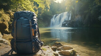 Backpack by waterfall, forest hike, sunny day, travel