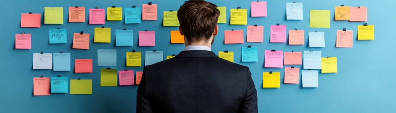 A person reviewing colorful sticky notes on a wall, symbolizing brainstorming and ideas in a modern workspace.