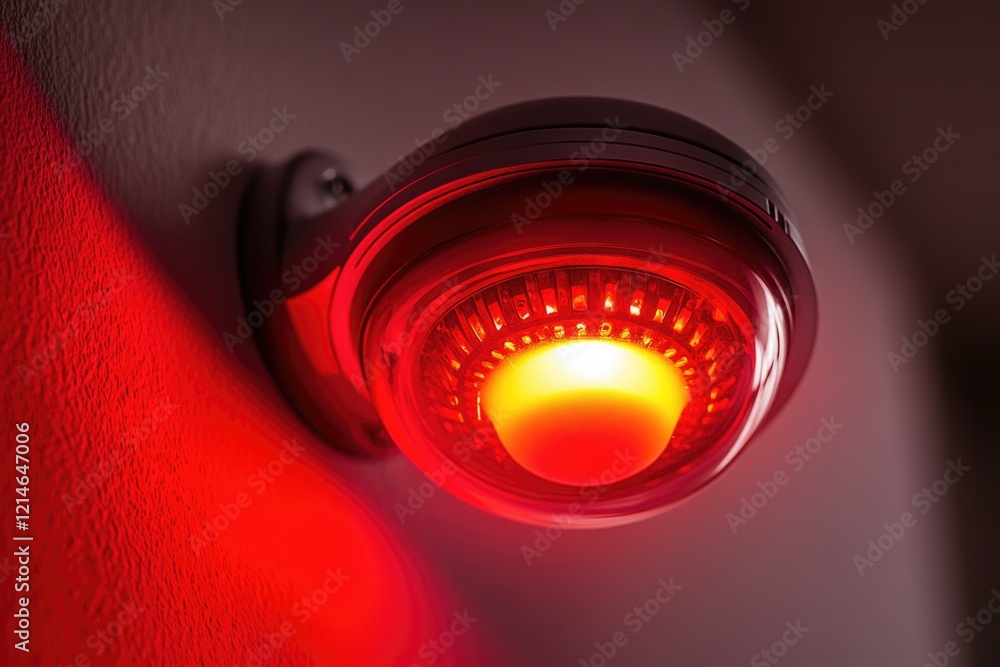 Poster close-up shot of a single red light on a wall, suitable for use in various settings such as crime sc