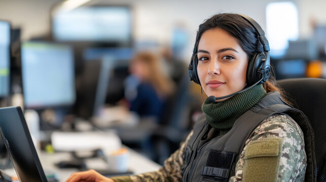 Hispanic woman in military uniform and headset working with a laptop at control room - Powered by Adobe