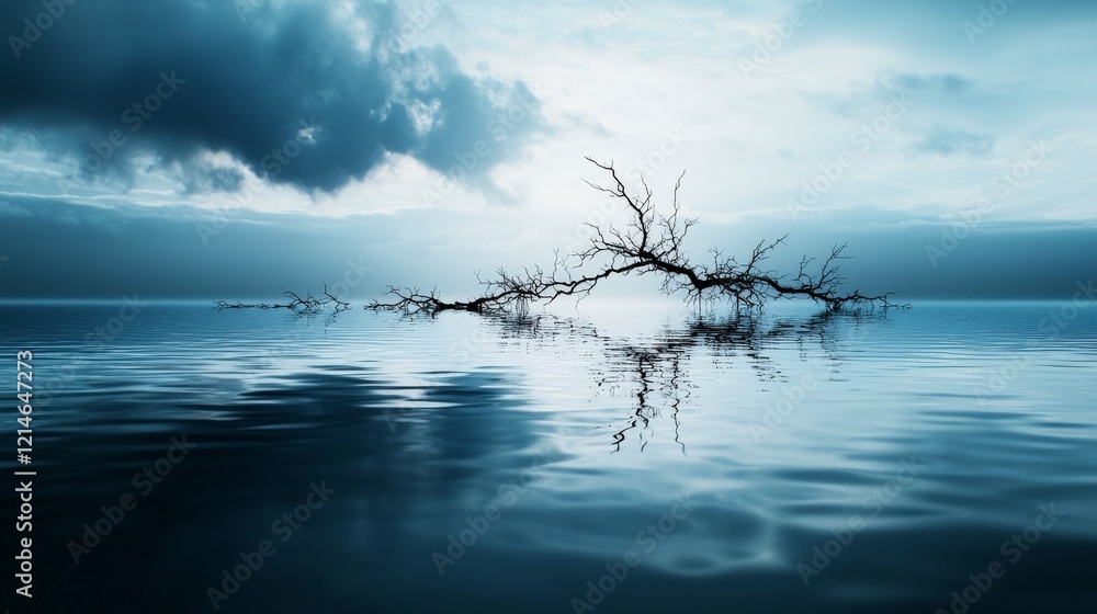 Poster tranquil landscape disintegrating branch reflections on serene waters in a calm wide-view nature pho