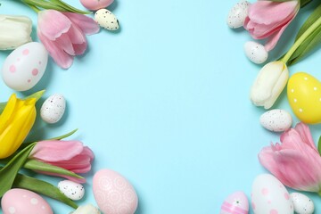 Colorful eggs with tulip flowers on a color background, space for your text or advertising. Happy Easter