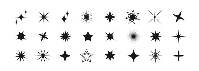 Set of different shining stars icon, glowing light effect, decorative twinkle forms, abstract sparkling flash elements. Y2k vector abstract shapes for design, posters, banners, logo, cards