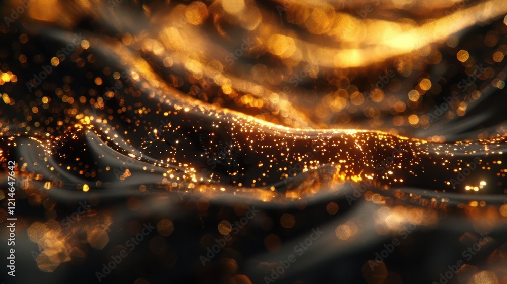 Poster abstract golden wave texture with shimmering particles flowing in a dark environment