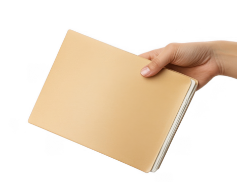 Hand holding manila file folders isolated on transparent or white background