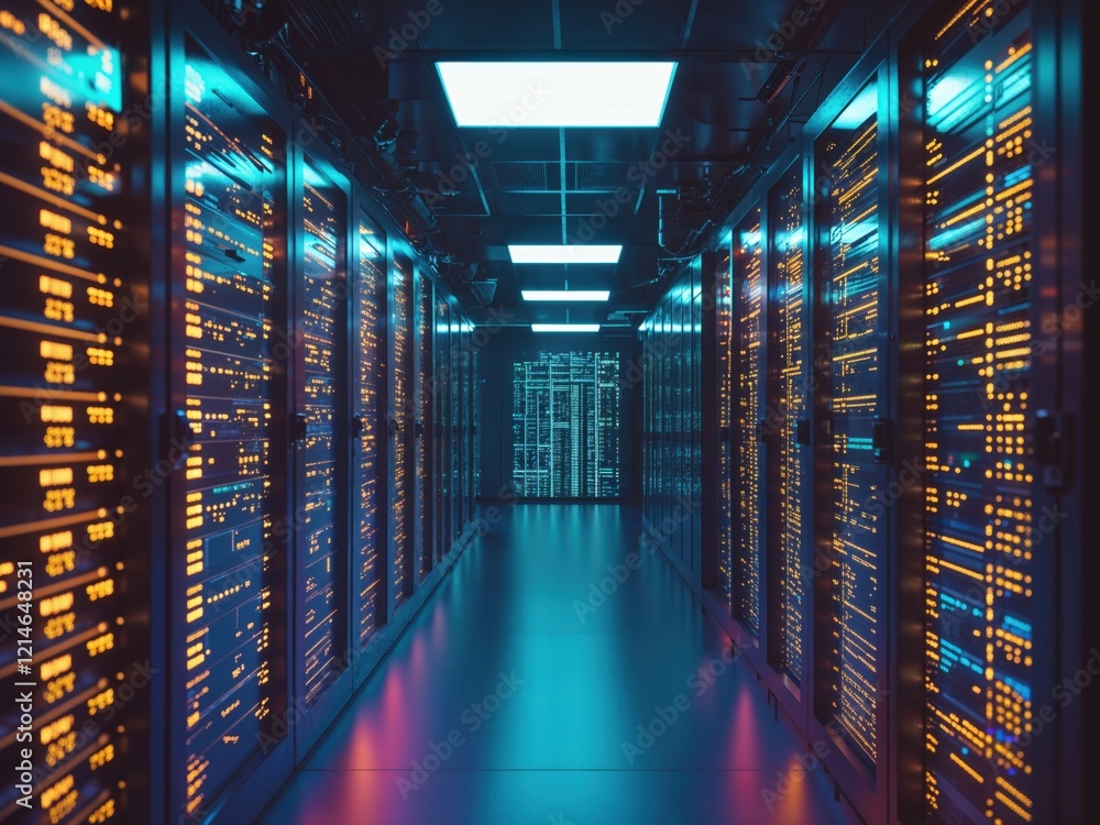 Poster a modern server room with illuminated racks, showcasing a high-tech environment filled with networki