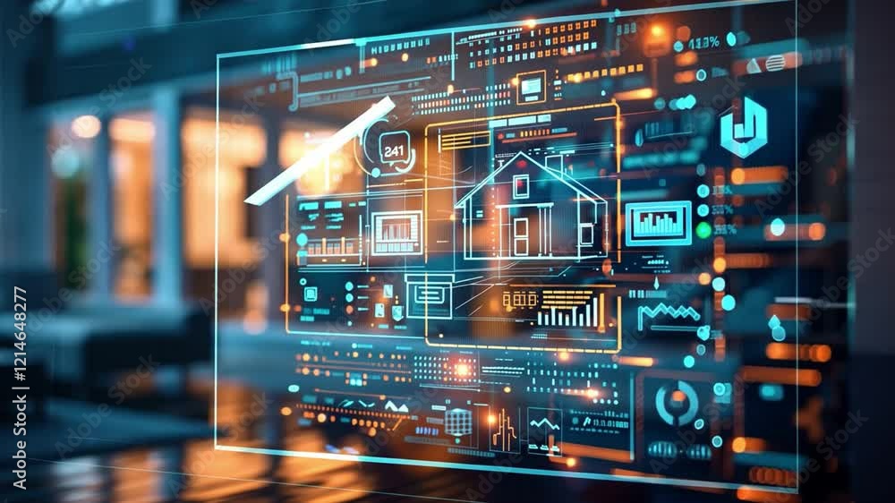 Poster a digital interface illustrates smart home technology in a contemporary urban environment, presentin