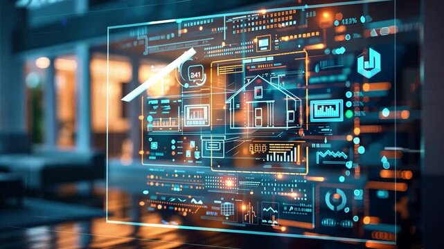 A digital interface illustrates smart home technology in a contemporary urban environment, presenting real-time data on energy consumption, security, and home automation tools.