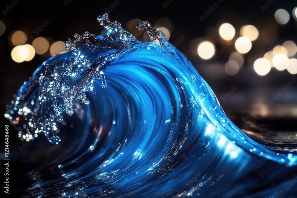 Poster a close-up shot of a wave with colorful lights shining in the background