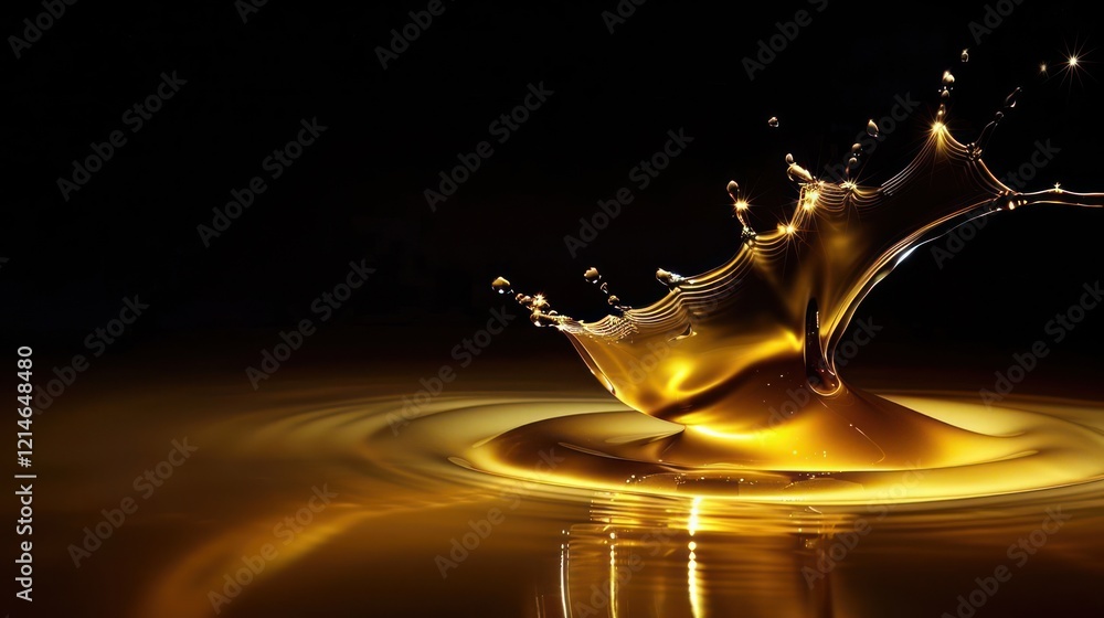 Poster golden honey splashing from a spoon into a dark background, creating dynamic ripples and reflections