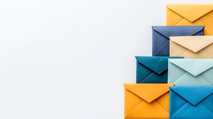 A colorful arrangement of envelopes in various shades, stacked neatly, against a plain white background.