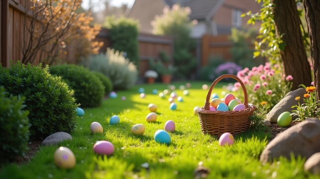 Vibrant backyard hunt filled with brightly colored hidden easter eggs
