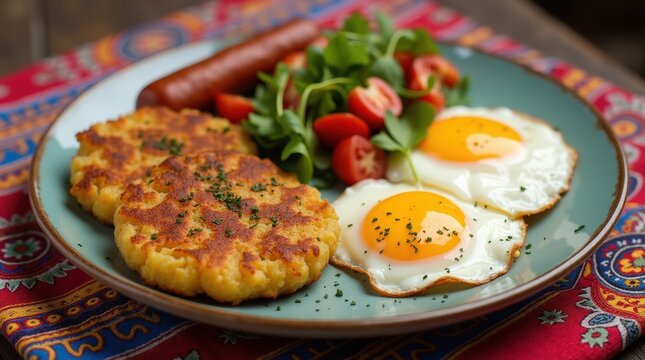 Vibrant Ecuadorian llapingachos with cheese, eggs, sausage, and fresh salad