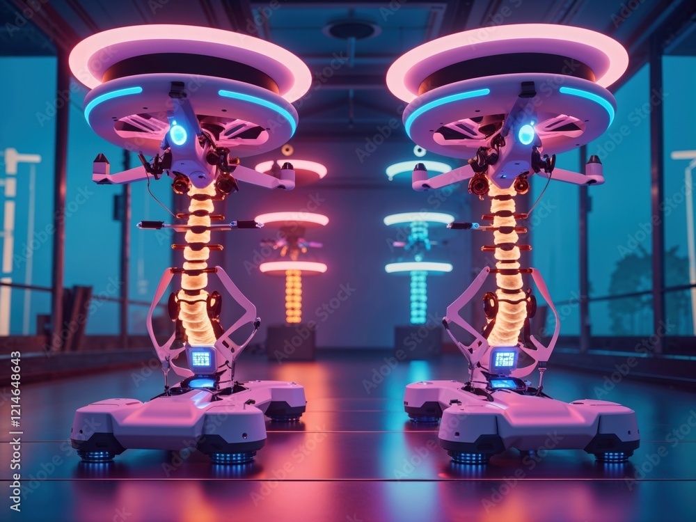 Poster futuristic robots with glowing features stand in a modern space, showcasing advanced technology and 