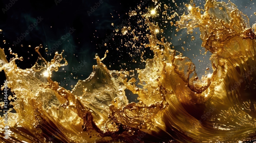 Poster Dynamic golden liquid splash creating an abstract background with shimmering droplets