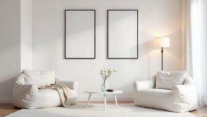 Elegant indoor scene featuring a pristine white carpet atop a wooden floor, complemented by a chic white rug. Center stage stands a round table adorned with delicate white flowers and an assortment of