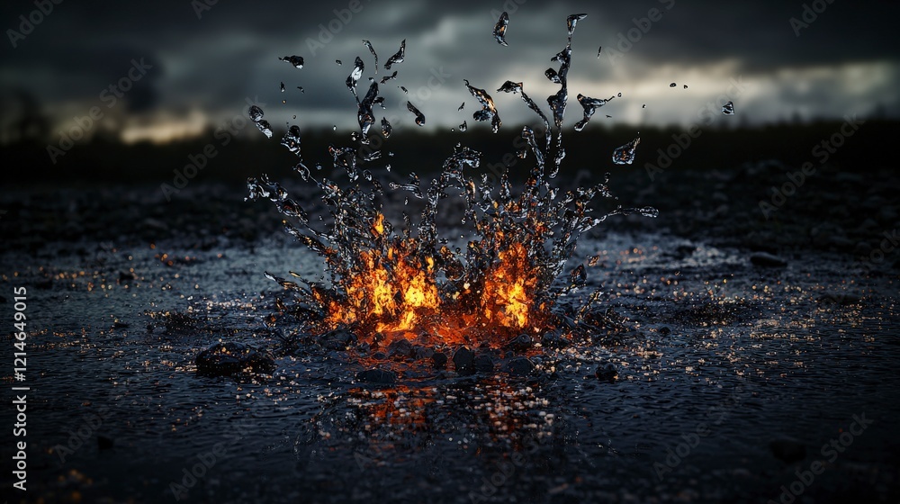 Poster erupting ideas fragmenting into explosive tears in a dark landscape water and fire interaction drama