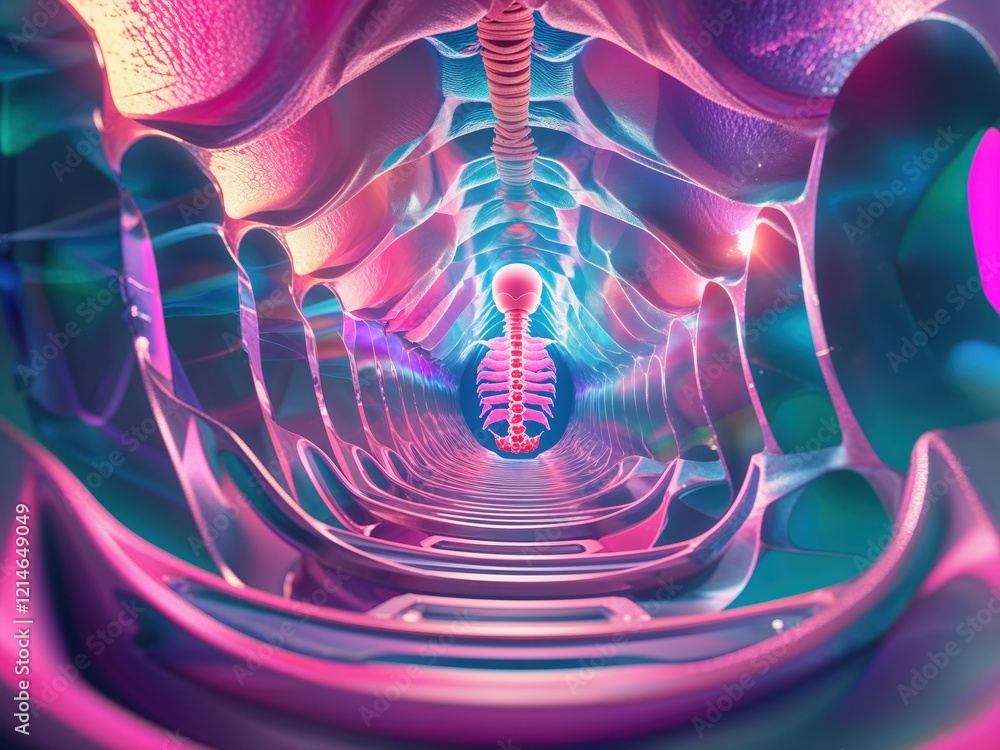 Poster a vibrant, abstract representation of a biological tunnel, showcasing a skeletal structure illuminat