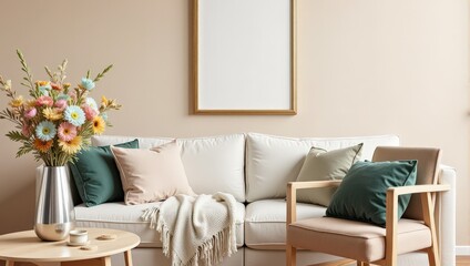 Elegant white sofa adorned with plush pillows, paired with a chic wooden table featuring a vibrant flower-filled vase, creating an inviting and stylish living room scene