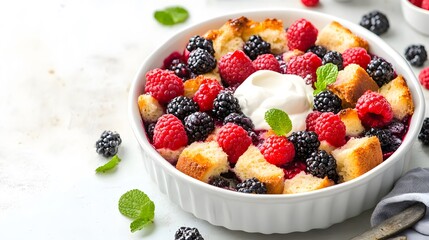 Delicious Berry Dessert with Raspberries, Blackberries, Fresh Cream and Cake in a White Dish