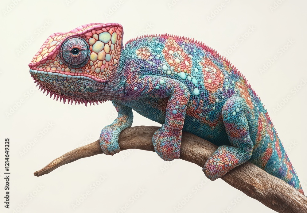 Poster colorful lizard perched on a branch with intricate patterns and bright hues against a soft neutral b