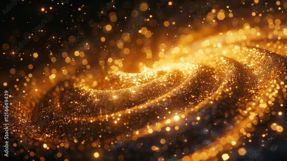 Poster Abstract golden swirling particles creating a mesmerizing cosmic effect in a dark background