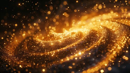 Abstract golden swirling particles creating a mesmerizing cosmic effect in a dark background